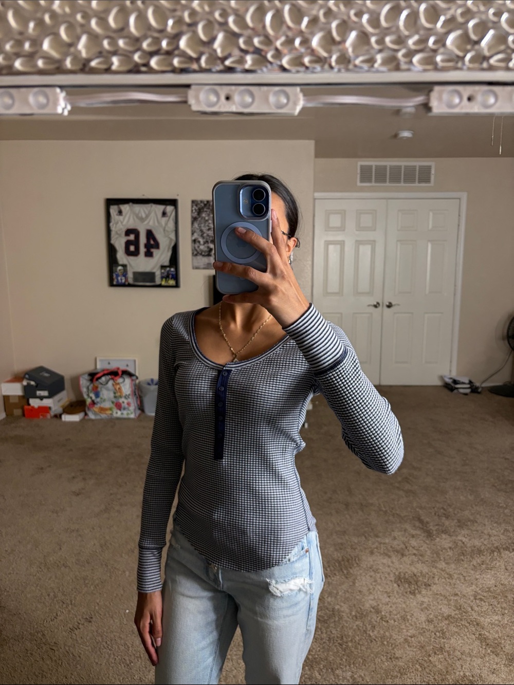 aerie Navy/White Check Henley Long-Sleeve Top